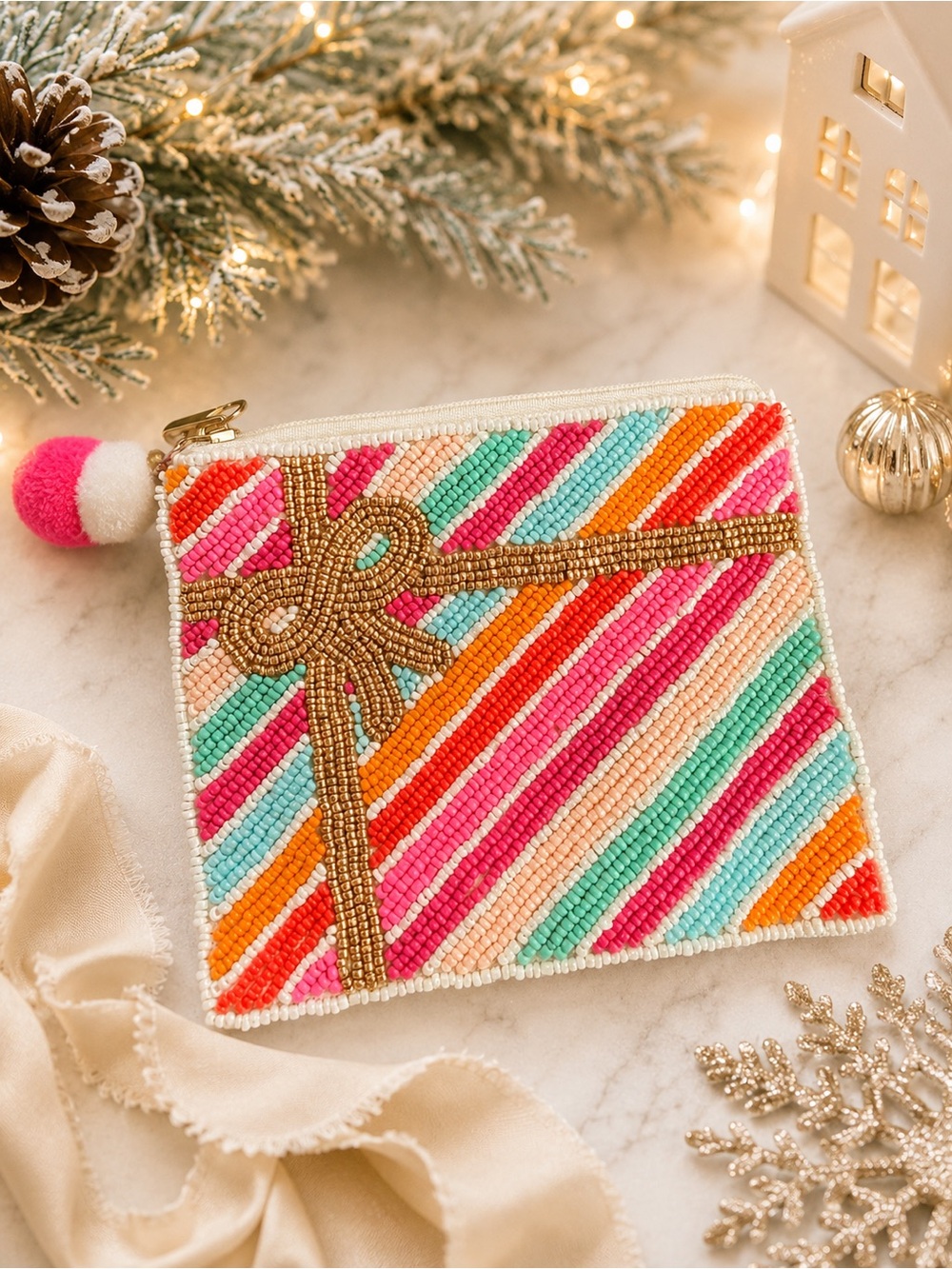 Beaded Stripe Gift Bow Pouch